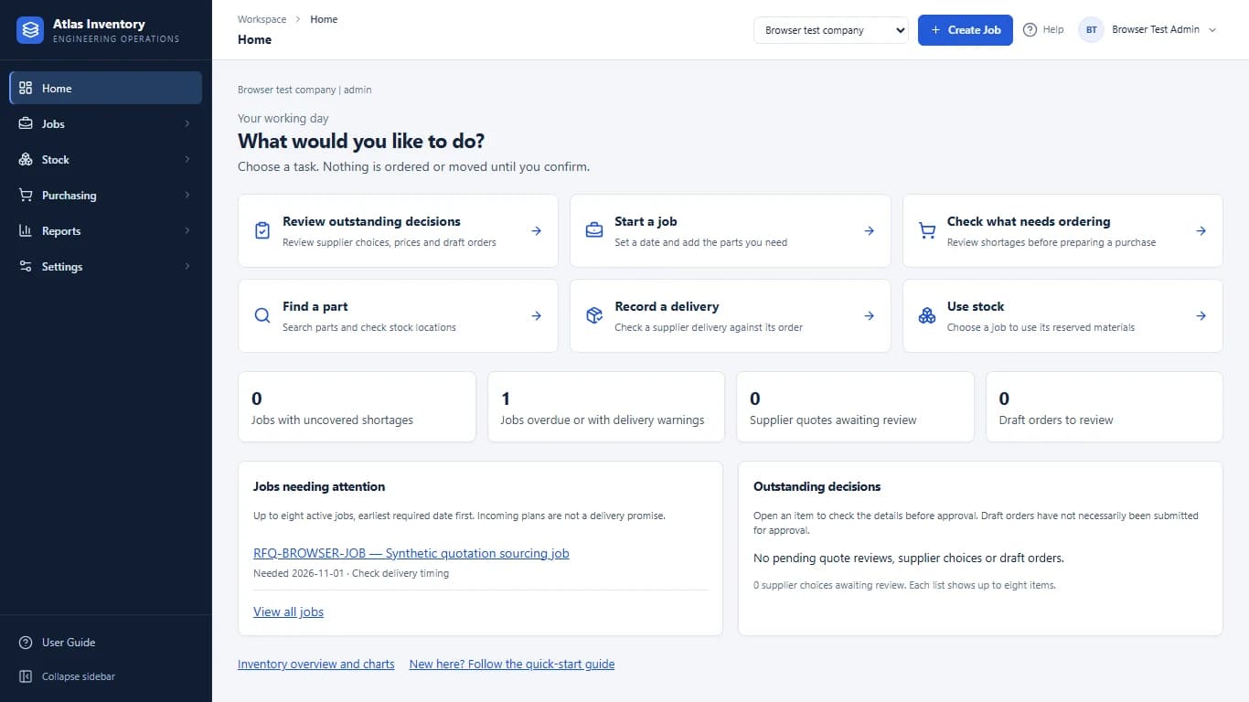 ERP home screen showing task shortcuts and synthetic job attention and purchasing queues.