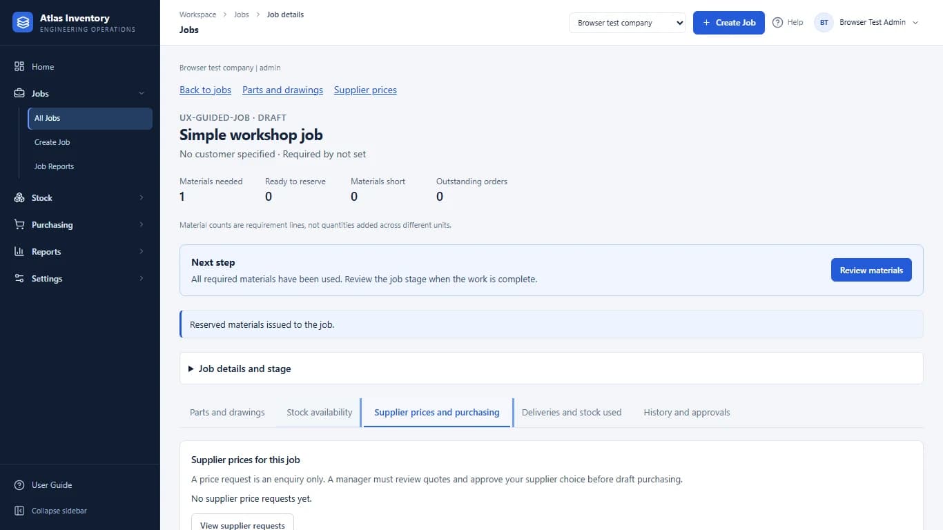 ERP job workspace for a synthetic workshop job, showing material counts and purchasing tabs.