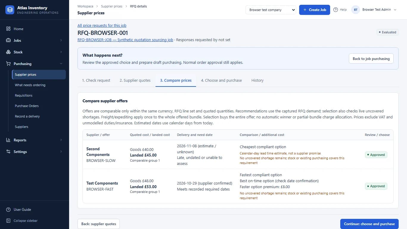 ERP supplier comparison for a synthetic RFQ, showing two test supplier offers, prices and delivery details.